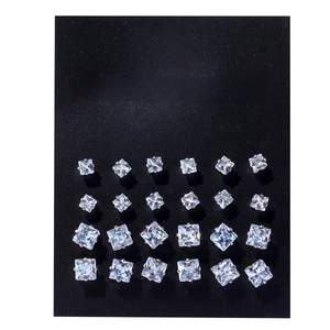 Detailed set of 12 pairs of square-cut clear crystal zircon studs on a black display card