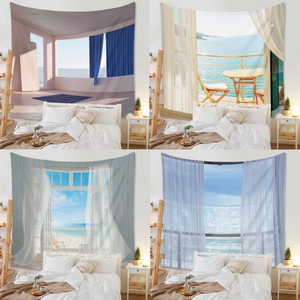 Bohemian landscape tapestry set with four scenic window views for bedroom wall decor