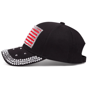 Black baseball cap with rhinestone American flag star and sparkling brim embellishments
