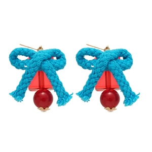 Handcrafted red and blue bow earrings with colorful beads for a vintage festive look