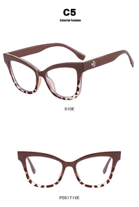 Detailed side and front views of cat-eye TR90 frames with dark brown and tortoiseshell pattern