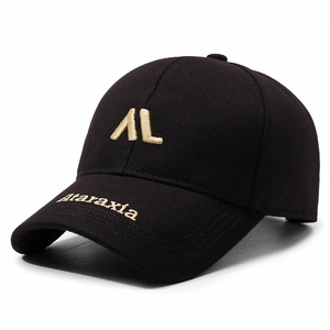 Black cotton baseball cap with gold AL embroidery and Ataraxia script on curved brim
