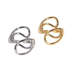 Adjustable abstract twisted line ring set in polished gold and silver stainless steel