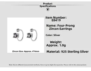 Detailed specs of 925 sterling silver four-prong zircon ear clips with U-shaped design
