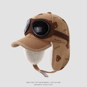 Kids brown corduroy trapper baseball hat with pilot goggles and warm fleece lining