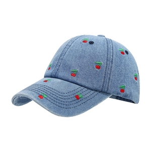 Vintage light blue denim baseball cap with red cherry embroidery and classic curved brim