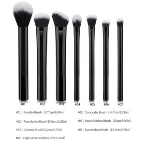 Detailed chart of 7 makeup brushes with sizes and labels on a white background