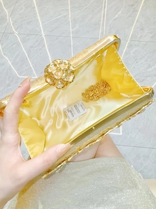 Detail of gold evening clutch bag interior with fabric lining and chain strap
