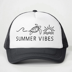 Classic black and white trucker hat featuring summer vibes print and breathable mesh back