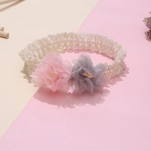 Fascia elastica in pizzo per neonati con fiori in chiffon 3D rosa e grigio chiaro