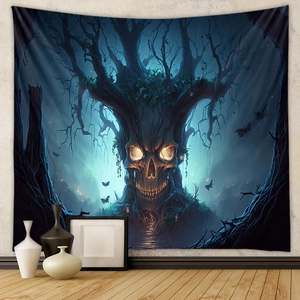 Detail of psychedelic skeleton tree tapestry with glowing eyes and black butterflies