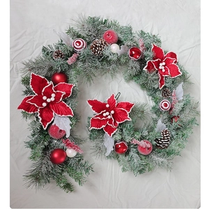 1.8m Artificial Christmas Garland with Red Poinsettia, Pine Cones and Berries for Decor