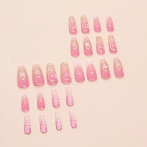 Pink gradient coffin fake nails with golden flower patterns and 24-piece ballet shape
