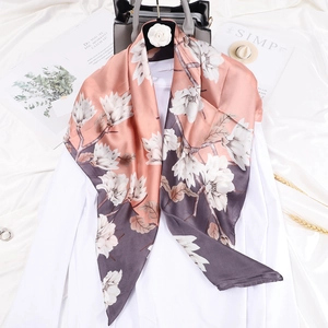 Elegant Floral Print Satin Square Scarf Retro Smooth Satin Feel Headscarf Sun Protection Shawl For Women