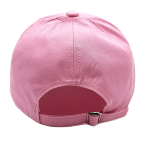 Rear view of pink baseball cap showing metal adjustable buckle and twill cotton texture