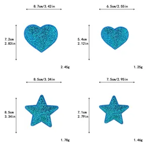 Size chart showing heart and star sequin patches with precise width and height measurements