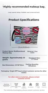 Linen makeup bag detail with lip print stripes and size specifications 17x25cm