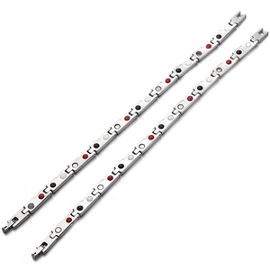 Pair of men's magnetic stainless steel therapy bracelets with multi-color energy stones