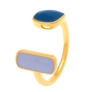 Adjustable golden ring featuring dark blue square and light purple rectangle enamel charms