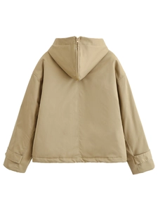 Detail view of khaki hooded jacket back featuring smooth zipper and premium matte fabric