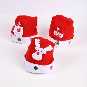 Three red plush LED Christmas hats featuring Santa, Snowman, and Reindeer cartoon designs