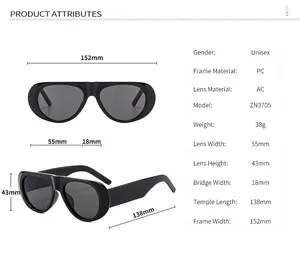 Size chart for oval fashion sunglasses showing 152mm frame width and PC material specs