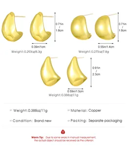 Size chart showing dimensions and weight for gold teardrop stud earrings in three sizes
