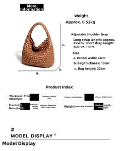 Brown woven hobo bag detail showing 24cm size, 0.52kg weight and 155cm strap length
