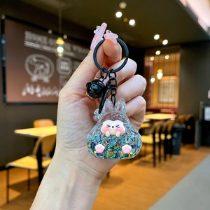 Close-up of a cartoon animal keychain with colorful beads and sequins inside