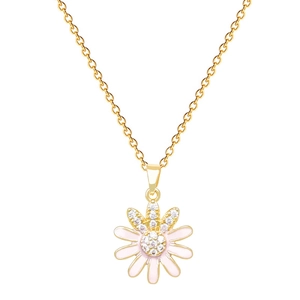 Titanium steel sunflower necklace with white enamel petals and sparkling crystal center