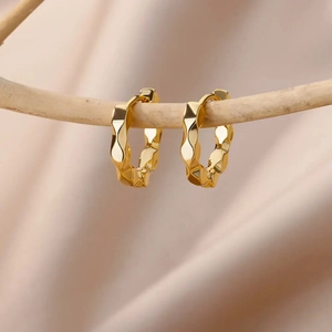 Copper Hoop Earrings 18K Gold Plated Zircon Geometric Twisted Chain Textured Huggie For Women Retro Style