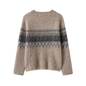 Beige crewneck mohair sweater featuring geometric wave patterns on back view