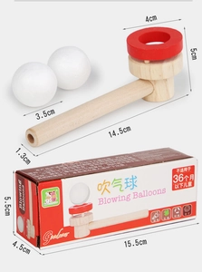 Detailed dimensions of wooden blowing ball trainer with package box and foam balls