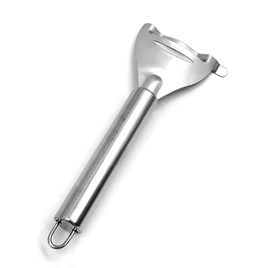 Polished stainless steel corn peeler with a cylindrical handle and hanging loop on white background