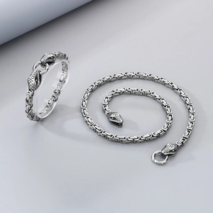 Men's silver Byzantine chain jewelry set with double snake head design in stainless steel