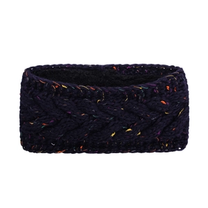 Detail of chunky cable knit headband in deep purple with colorful rainbow flecks