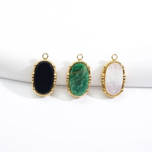 Elegant Oval Natural Stone Stainless Steel Pendants Charms For DIY Jewelry Making Gold Plated Bamboo Texture Edge