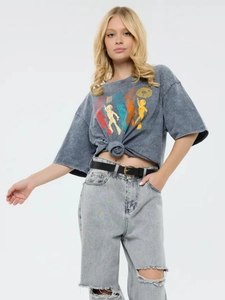 Oversize γκρι βαμβακερό T-shirt με acid wash και ρετρό Disco γραφικό σχέδιο