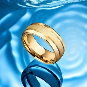 Polished edges 18K gold plated frosted titanium ring on blue water ripple background