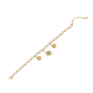 Bohemian gold bracelet with white pearls, tree of life charms and turquoise sun pendant