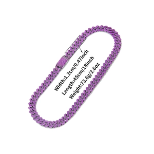Luxury 12mm purple iced out Cuban link chain necklace with dimensions and weight specs