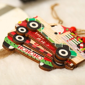 Handcrafted wooden Christmas truck ornament with festive prints on soft white faux fur