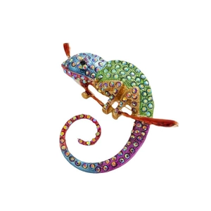 Exquisite chameleon brooch with multicolored crystals on a gold-plated branch