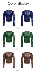 Aperçu détaillé des hauts en dentelle Y2K en bleu, vert et marron avec détails du tissu