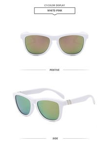 Detail of white square frame sunglasses with pink-green polarized lenses from two angles