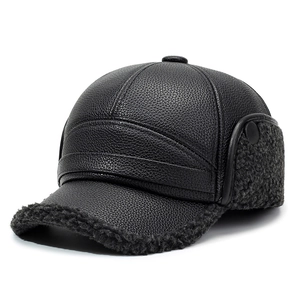 Men's winter leather baseball cap with fold-down ear flaps and cozy fleece lining