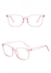 Transparent pink square glasses frame with anti-blue light lenses shown in two angles