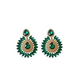 Elegant vintage emerald teardrop earrings with crystals in gold-tone metal setting