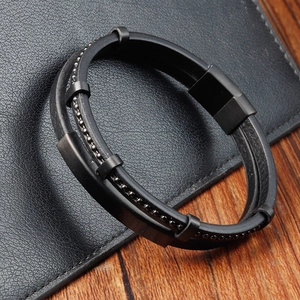Men's double-layered black braided leather bracelet with high-quality stainless steel clasp
