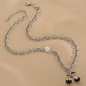 Black Cherry Pendant Necklace Alloy Thick Link Chain With Imitation Artificial Pearl Hip Hop Y2K Style Jewelry For Women